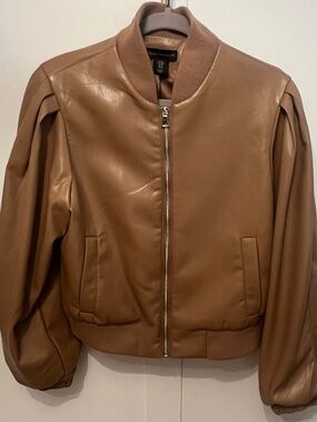 House of Harlow 1960 Vegan Leather Bomber Jacket Cognac Brown Size Medium